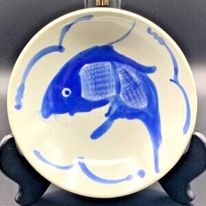 Koi Fish Hand Painted Blue & White 7" Fruit/Pasta/Soup/Noodle Bowl